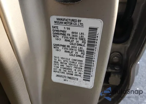 2000 Nissan Pathfinder Le/Se/Xe из США, поврежденный, VIN JN8AR07S1YW402219